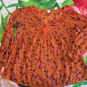 Old Navy Blouse Peasant Top Micro Floral Burnt Orange/Purple Lightweight